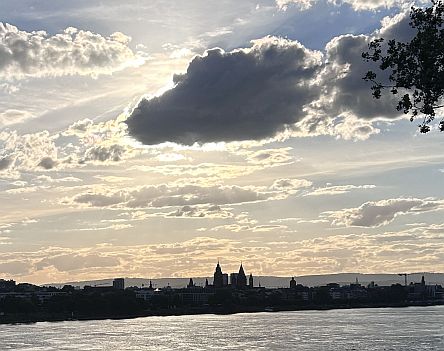 Mainzer Skyline von  der Eisenbahnbrücke im Abendlicht