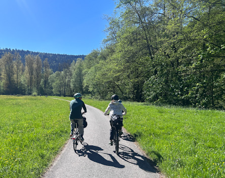 Zwei Personen fahren mit Fahrrädern auf einem schmalen asphaltierten Weg durch grüne Wiesen und Wald