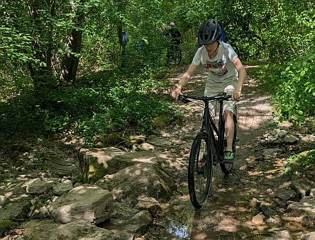 Person fährt mit Fahrrad über einen steinigen Waldweg mit Pfützen und Wurzeln